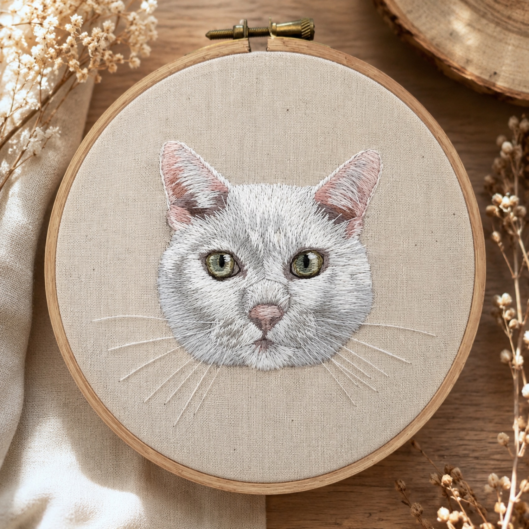 A white cat hand-embroidered in fine grey and cream thread on linen.