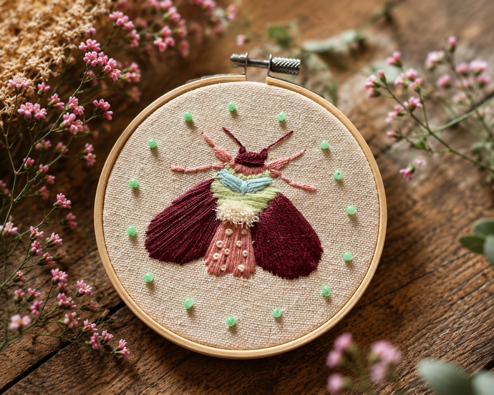A beetle hand-embroidered with deep burgundy wings and a pastel blue-and-mint body, ringed by a circle of mint-green beads on natural linen.